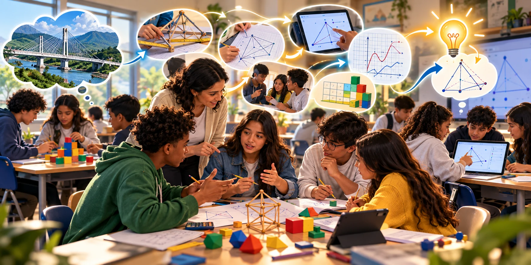 Estudiantes trabajando colaborativamente con material concreto y tabletas