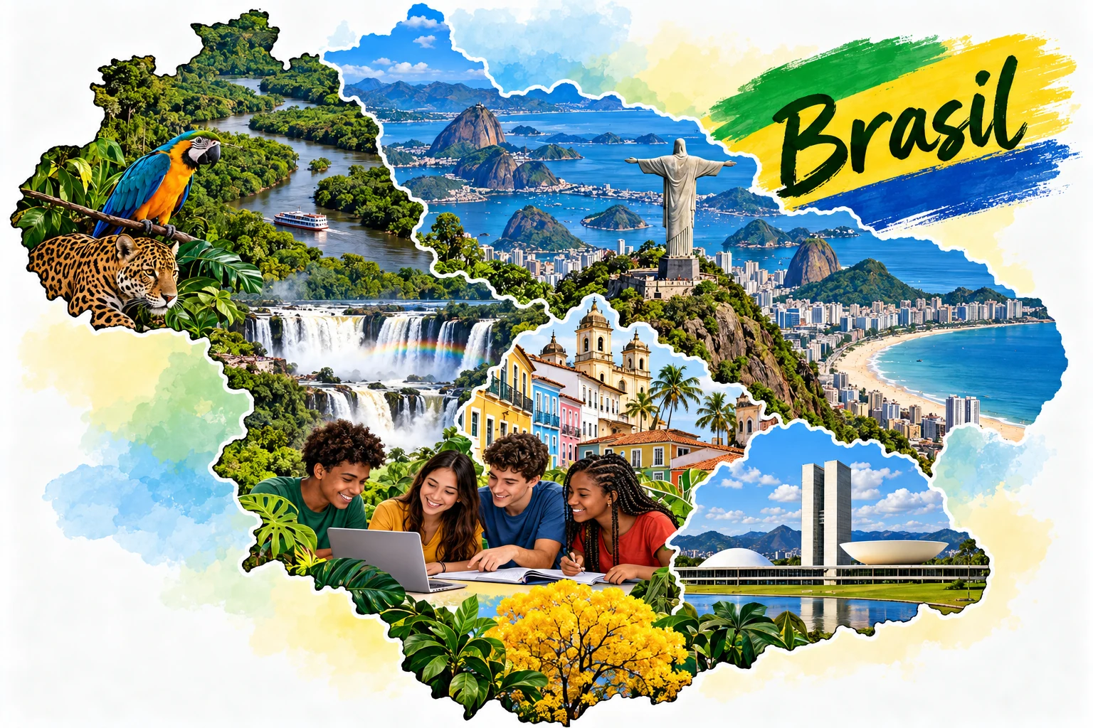 Ilustración de Brasil con estudiantes