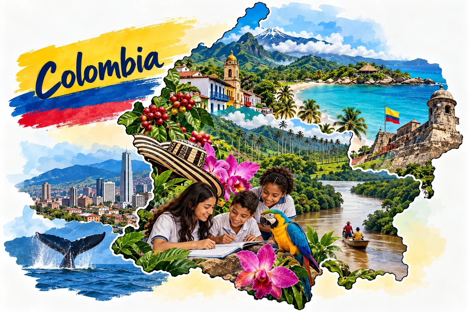Ilustración de Colombia con estudiantes