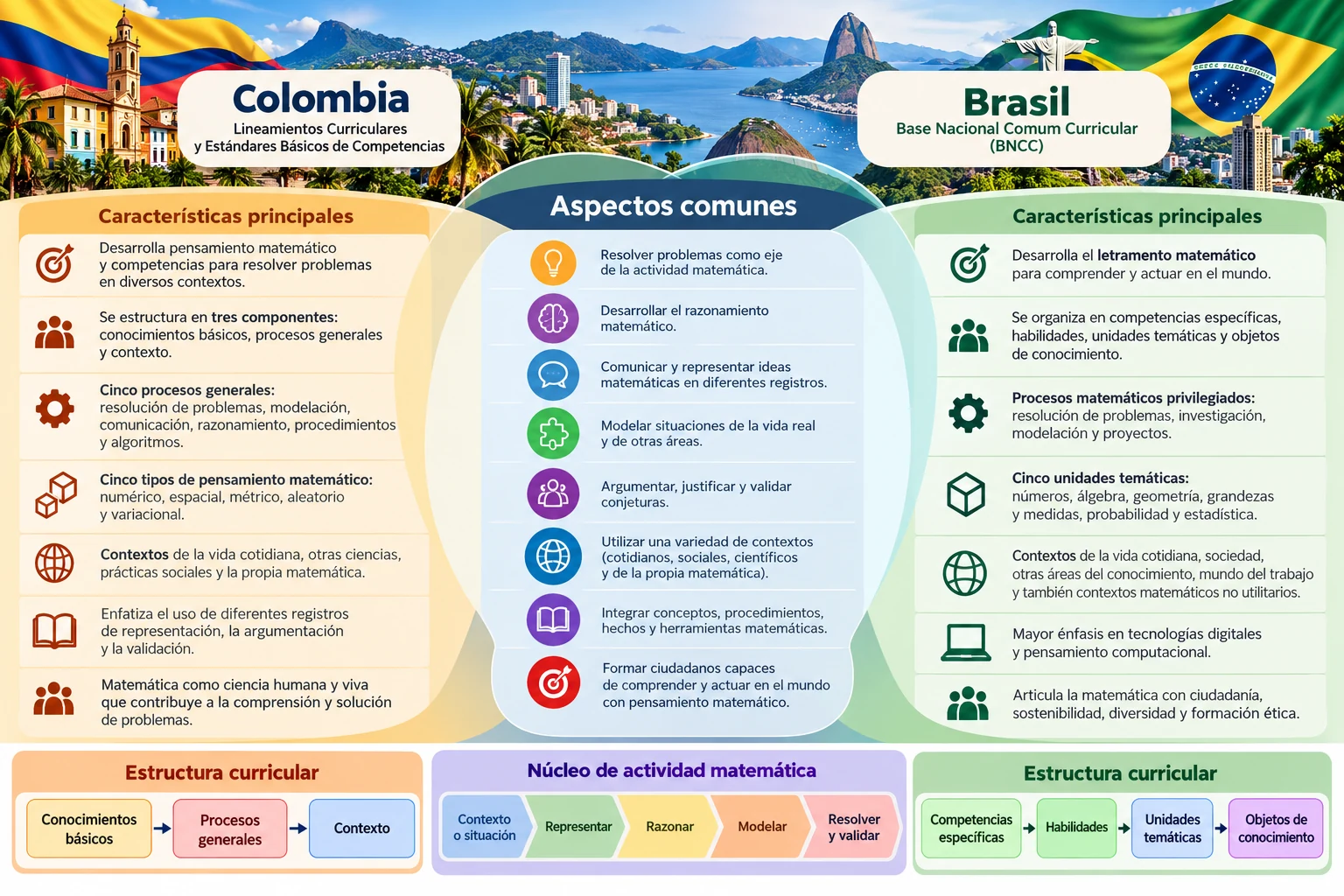 Infografía comparativa: características principales de Colombia y Brasil, aspectos comunes y estructura curricular