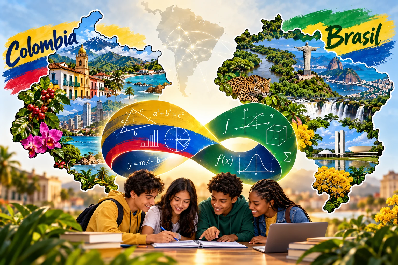 Colombia y Brasil unidos por un lazo infinito de matemáticas; estudiantes trabajando juntos