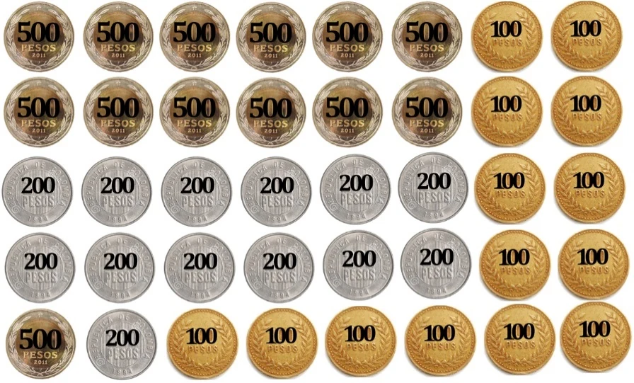 Monedas colombianas de 100, 200 y 500 pesos