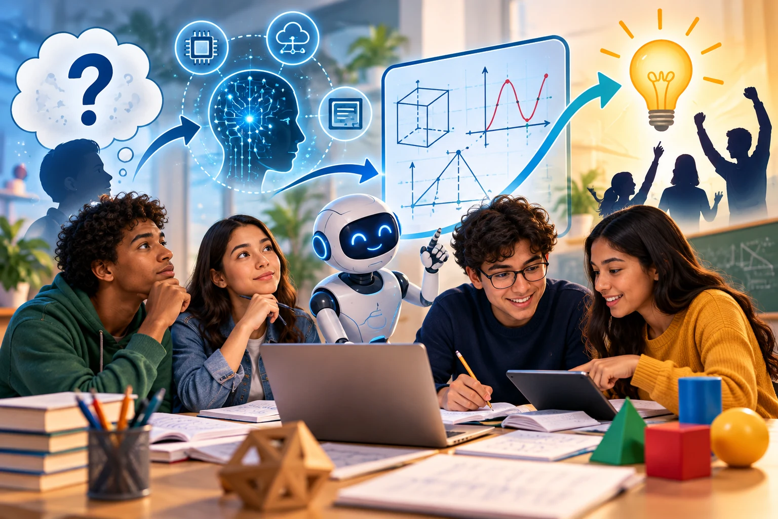 Estudiantes con computador, robot e ideas matemáticas