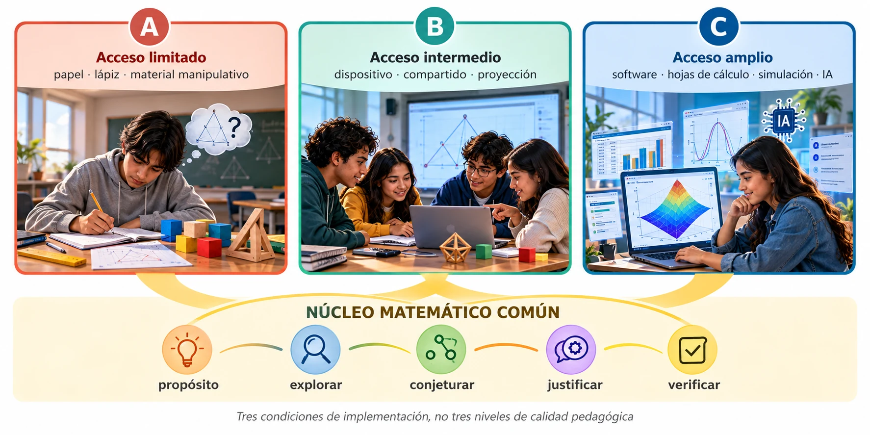 Tres niveles de acceso — limitado, intermedio y amplio — con un núcleo matemático común: propósito, explorar, conjeturar, justificar, verificar